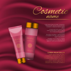 Vector 3D cosmetic illustration on a soft silk background. Beauty realistic cosmetic product design template.