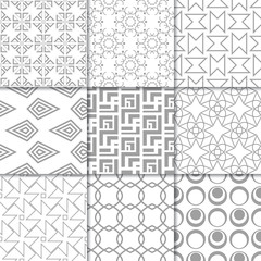 Light gray geometric ornaments. Collection of seamless patterns