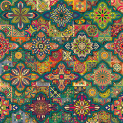 Seamless pattern with decorative mandalas. Vintage mandala elements. Colorful patchwork.