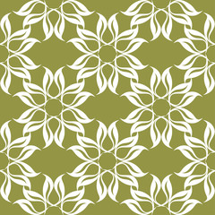 White floral seamless design on olive green background