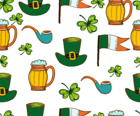Vector Saint Patricks Day seamless pattern.  Clovers, shamrock, flag of Ireland, mug of beer, green hat.