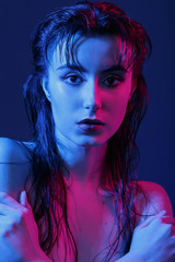 woman in multicolor lights