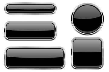 Black glass buttons with chrome frame - obrazy, fototapety, plakaty