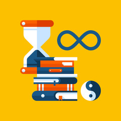 Colorful illustration about philosophy in modern flat style. College subject icon on yellow background. Hourglass, books, philosophical symbols.
