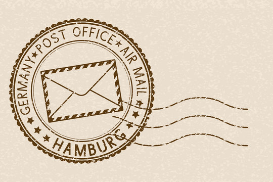 Postmark. Round brown stamp on beige background. Hamburg, Germany