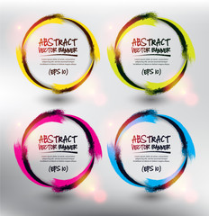 Abstract vector circle banners set of 4. Colorful vector hand drawn brush strokes in circular form. Isolated on the white panel. Each item contains space for own text. Vector illustration. Eps 10.