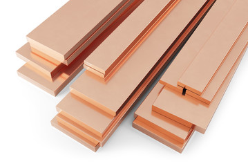 Stack of copper flat bars. Isolated on white background, clipping path included. 3d illustration.
