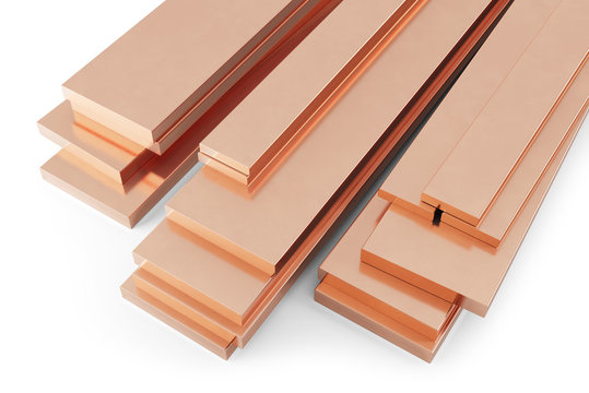 Stack of copper flat bars. Isolated on white background, clipping path included. 3d illustration.
