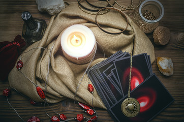 Tarot cards on fortune teller desk table background. Futune reading concept.
