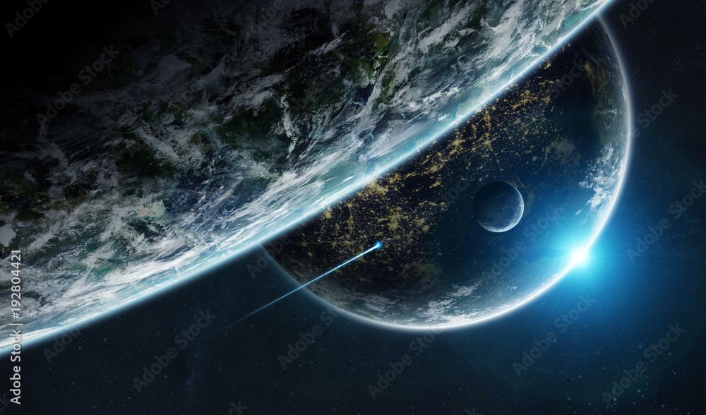 Poster Distant planet system in space with exoplanets 3D rendering elements of this image furnished by NASA