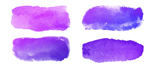 Set of hand painted watercolor textured backgrounds isolated on white. Collection of violet and blue brush strokes.
