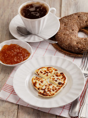 Cheese, cloudberry jam, and coffee