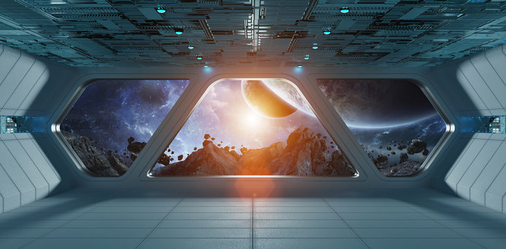 Spaceship futuristic grey blue interior with view on exoplanet