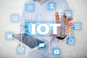 IOT. Internet of Thing concept. Multichannel online communication network digital 4.0 technology internet wireless application development mobile smartphone app.