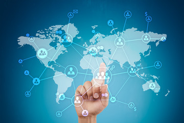 Social network and global recruitment, outsourcing and HR. Virtual screen with world map and...