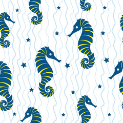 blue marine ocean theme seahorse and wave vector seamless pattern for background and wallpaper