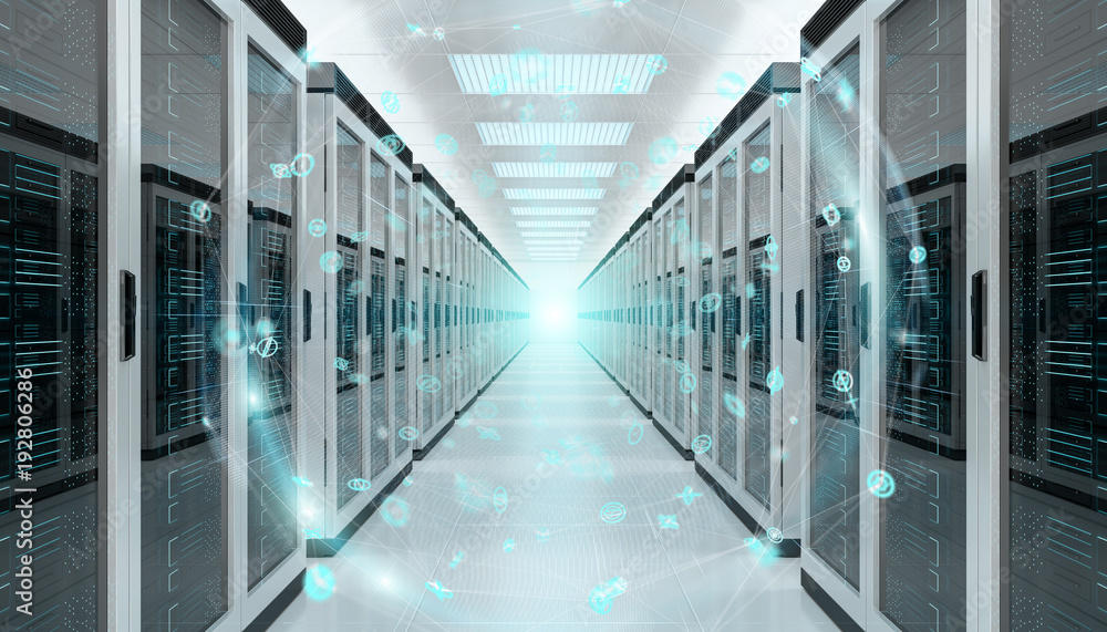 Poster earth network flying over server room data center 3d rendering