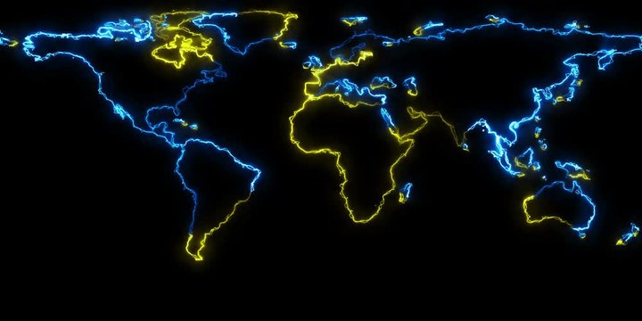 Dynamic mapping of the contours of the world map. Light lines around the continents