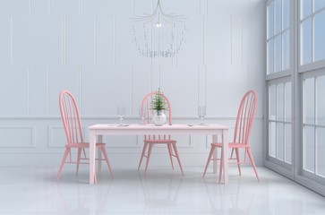 White eating room of love  decor with tree in vase , pink chair and desk, window, flower, fork, spoon,wine glass, White wall.Rooms of Love on Valentine`s Day. Background and interior. 3D render.
