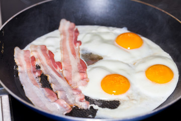 tasty bacon stripes lies on fried eggs