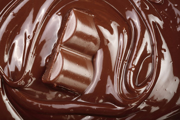 Melted chocolate and pieces of chocolate bar as a background closeup