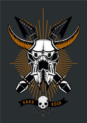 Rock music poster with bull skull, microphone and guitar. Grunge style. Vector illustration. Heavy metal tattoo.