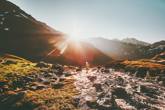 Mountains Morning Sunrise Over River  Landscape Summer Travel Wild Nature