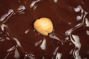 Melted chocolate swirl with hazelnut as a background closeup