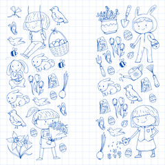 Spring children banners Kids play and grow. Kindergarten, school. Easter celebration with children. Bunny, rabbt, bird, boys and girls