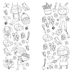 Spring children banners Kids play and grow. Kindergarten, school. Easter celebration with children. Bunny, rabbt, bird, boys and girls