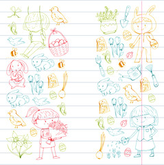 Spring children banners Kids play and grow. Kindergarten, school. Easter celebration with children. Bunny, rabbt, bird, boys and girls