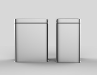 Stainless steel or tin metal shiny silver box container Isolated on white background for mock up and packaging Design. 3d render illustration.
