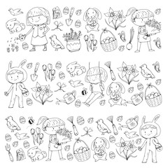 Fototapeta premium Spring children banners Kids play and grow. Kindergarten, school. Easter celebration with children. Bunny, rabbt, bird, boys and girls