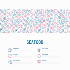 Seafood concept with thin line icons: lobster, fish, shrimp, octopus, oyster, eel, seaweed, crab, ramp, turtle. Modern vector illustration for restaurant menu.