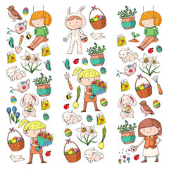 Spring children banners Kids play and grow. Kindergarten, school. Easter celebration with children. Bunny, rabbt, bird, boys and girls