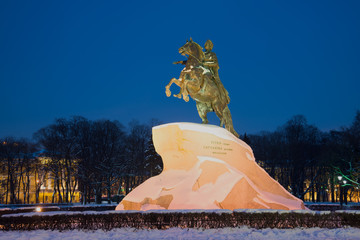 View of a monument to Peter I (Bronze Horseman) in the February evening, Saint Petersburg