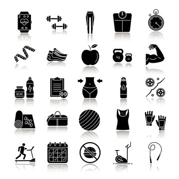 Fitness Drop Shadow Black Glyph Icons Set