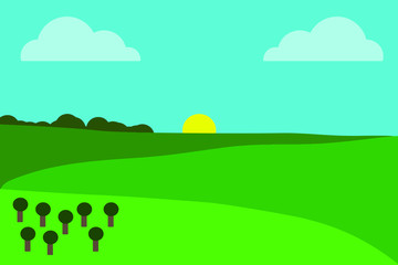 Obraz premium Vector of a mountainous landscape with trees, sun and clouds