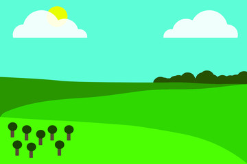 Obraz premium Vector of a mountainous landscape with trees, sun and clouds