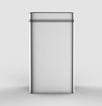 Stainless steel or tin metal shiny silver box container Isolated on white background for mock up and packaging Design. 3d render illustration.