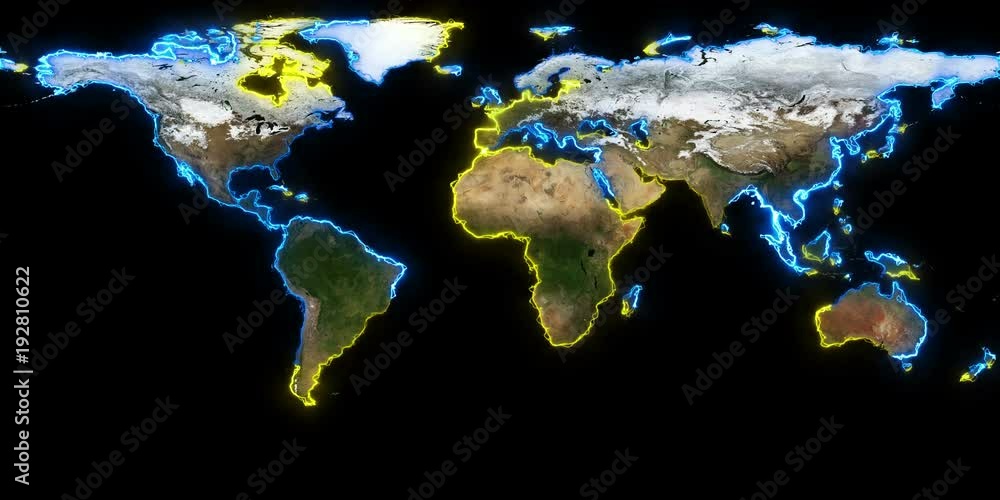 Poster dynamic mapping of the contours of the world map. light lines around the continents