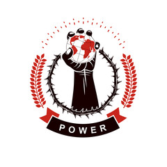 Vector logo composed using strong muscular raised arm surrounded by thorn wreath and holding Earth globe. Global authority as the means of political and social influence