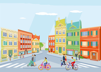 kleine Stadt mit Fußgänger und Radfahren, Illustration
