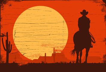 Naklejka premium Silhouette of Cowboy riding horses at sunset, vector