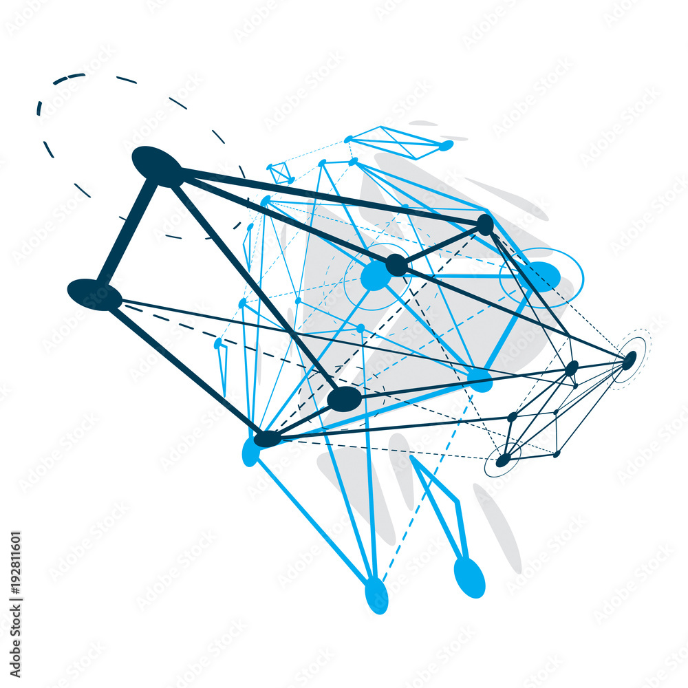 Poster abstract geometric 3d wireframe object, digital technology vector illustration.