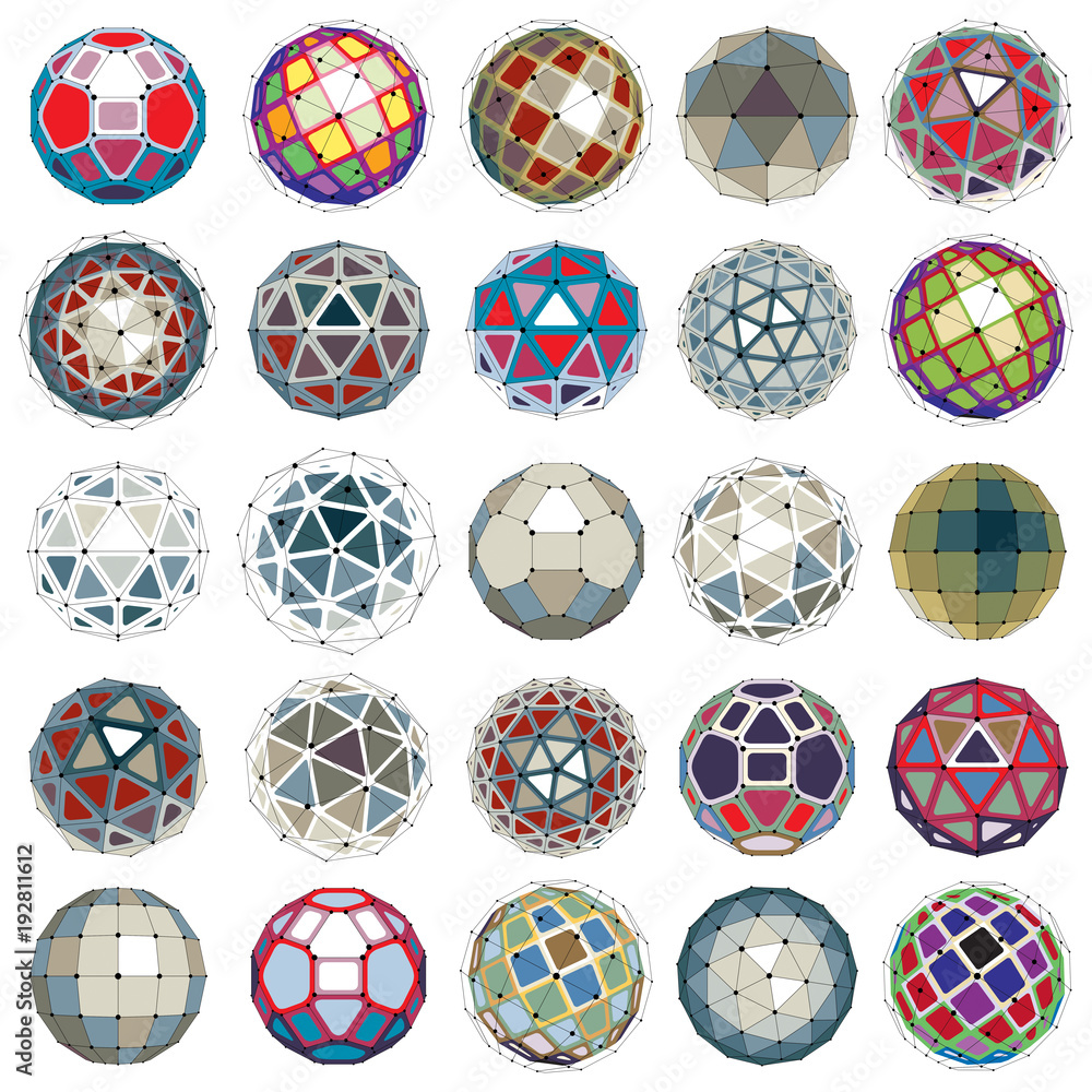Poster set of vector low poly spherical objects with connected lines and dots, 3d geometric wireframe shape