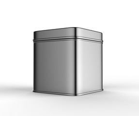 Stainless steel or tin metal shiny silver box container Isolated on white background for mock up and packaging Design. 3d render illustration.