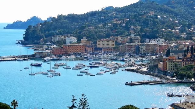 Aerial view of Santa Margherita Ligure, Genoa, the harbor, touristic place in Riviera Ligure, mediterranean sea, Italy