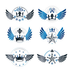 Royal Crowns and Vintage Stars emblems set. Heraldic vector design elements collection. Retro style label, heraldry logo.