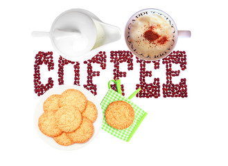Cappuccino, milk and colorful  cookies isolated on white background